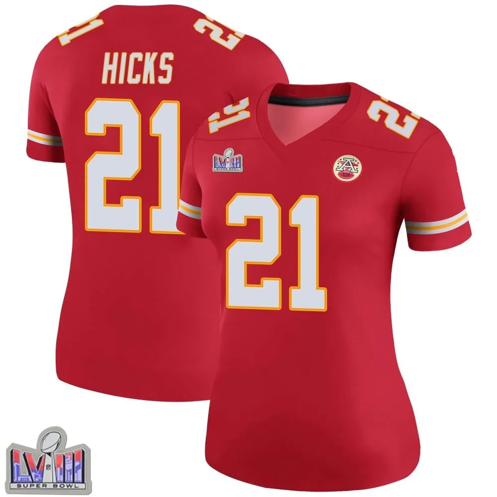 Women's Kansas City Chiefs Jaden Hicks Nike Color Rush Super Bowl LVIII Patch Legend Red Jersey Women's Kansas City Chiefs Jaden Hicks Nike Color Rush Super Bowl LVIII Patch Legend Red Jersey