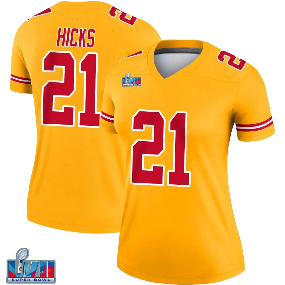 Women's Kansas City Chiefs Jaden Hicks Nike Inverted Super Bowl LVII Patch Legend Gold Jersey Women's Kansas City Chiefs Jaden Hicks Nike Inverted Super Bowl LVII Patch Legend Gold Jersey