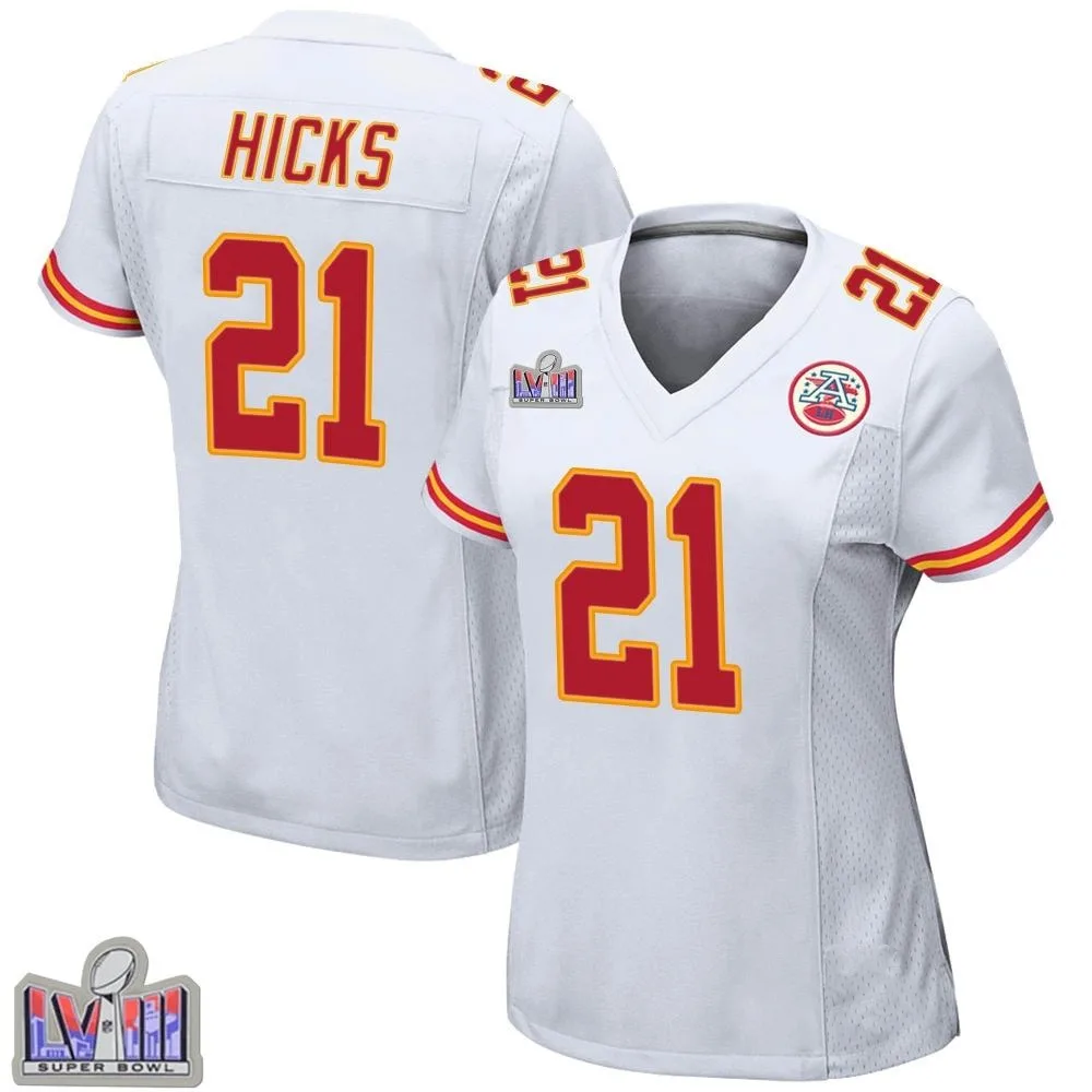 Women's Kansas City Chiefs Jaden Hicks Nike Super Bowl LVIII Patch Game White Jersey Women's Kansas City Chiefs Jaden Hicks Nike Super Bowl LVIII Patch Game White Jersey