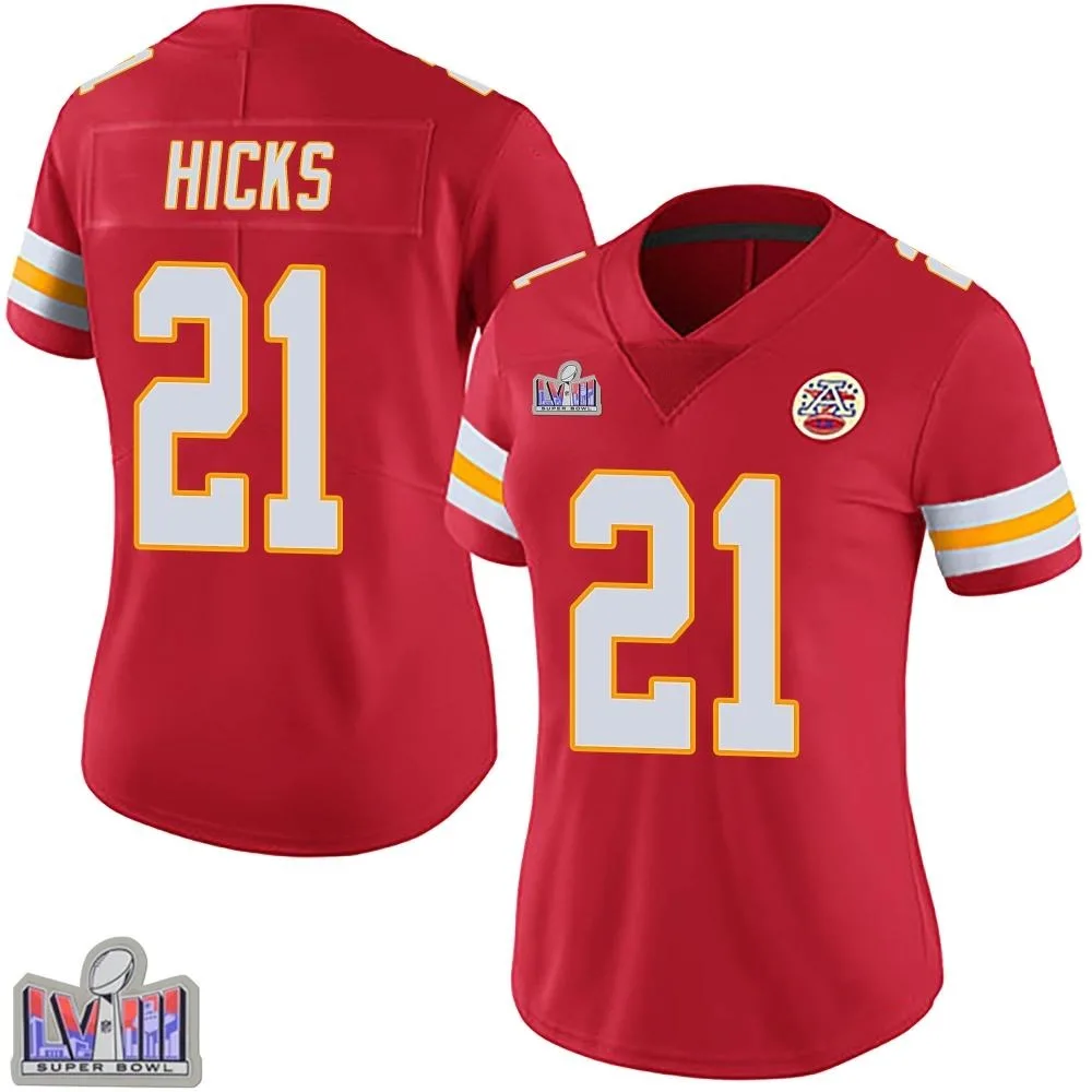 Women's Kansas City Chiefs Jaden Hicks Nike Team Color Vapor Untouchable Super Bowl LVIII Patch Limited Red Jersey Women's Kansas City Chiefs Jaden Hicks Nike Team Color Vapor Untouchable Super Bowl LVIII Patch Limited Red Jersey