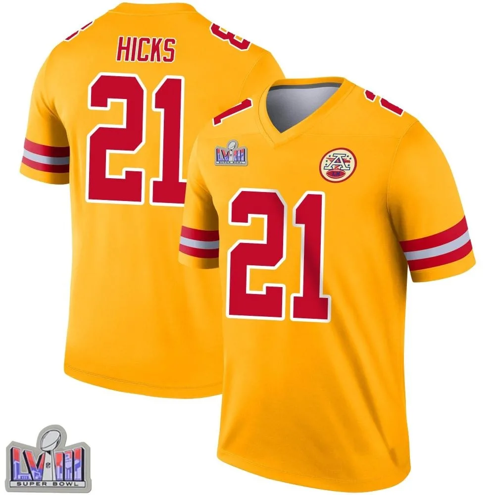 Youth Kansas City Chiefs Jaden Hicks Nike Inverted Super Bowl LVIII Patch Legend Gold Jersey Youth Kansas City Chiefs Jaden Hicks Nike Inverted Super Bowl LVIII Patch Legend Gold Jersey