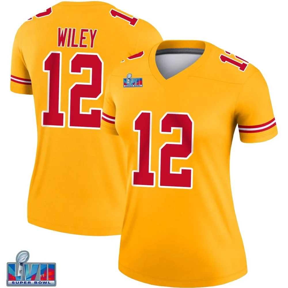 Women's Kansas City Chiefs Jared Wiley Nike Inverted Super Bowl LVII Patch Legend Gold Jersey Women's Kansas City Chiefs Jared Wiley Nike Inverted Super Bowl LVII Patch Legend Gold Jersey