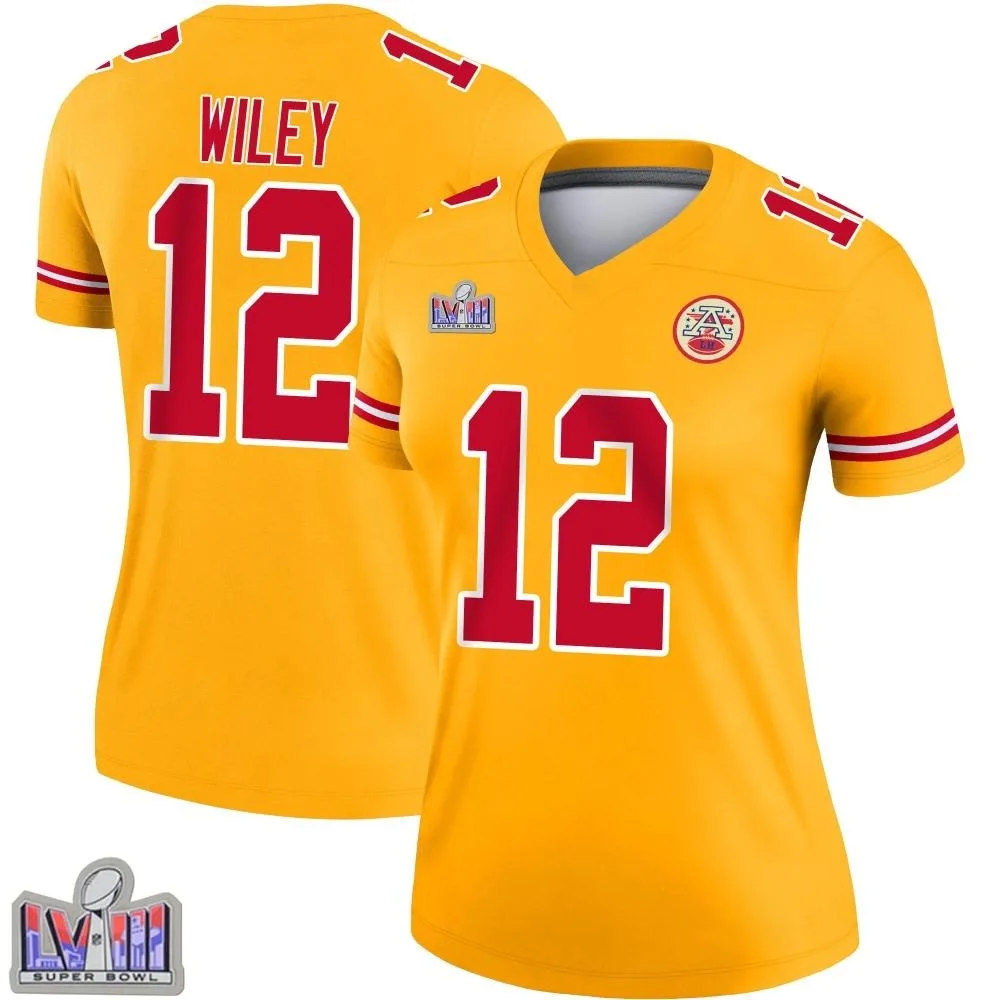 Women's Kansas City Chiefs Jared Wiley Nike Inverted Super Bowl LVIII Patch Legend Gold Jersey Women's Kansas City Chiefs Jared Wiley Nike Inverted Super Bowl LVIII Patch Legend Gold Jersey