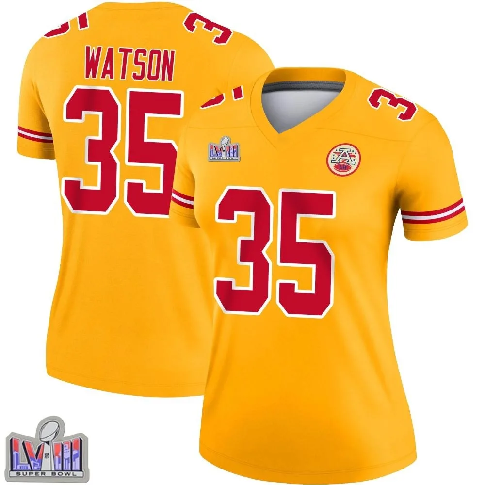 Women's Kansas City Chiefs Jaylen Watson Nike Inverted Super Bowl LVIII Patch Legend Gold Jersey Women's Kansas City Chiefs Jaylen Watson Nike Inverted Super Bowl LVIII Patch Legend Gold Jersey