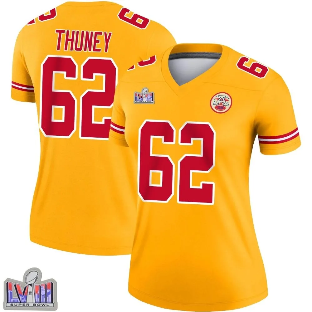 Women's Kansas City Chiefs Joe Thuney Nike Inverted Super Bowl LVIII Patch Legend Gold Jersey Women's Kansas City Chiefs Joe Thuney Nike Inverted Super Bowl LVIII Patch Legend Gold Jersey