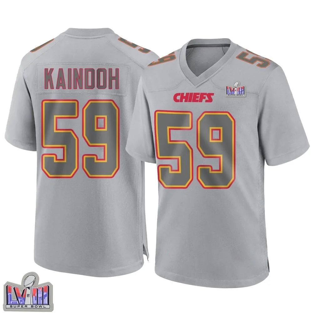 Men's Kansas City Chiefs Joshua Kaindoh Nike Atmosphere Fashion Super Bowl LVIII Patch Game Gray Jersey Men's Kansas City Chiefs Joshua Kaindoh Nike Atmosphere Fashion Super Bowl LVIII Patch Game Gray Jersey