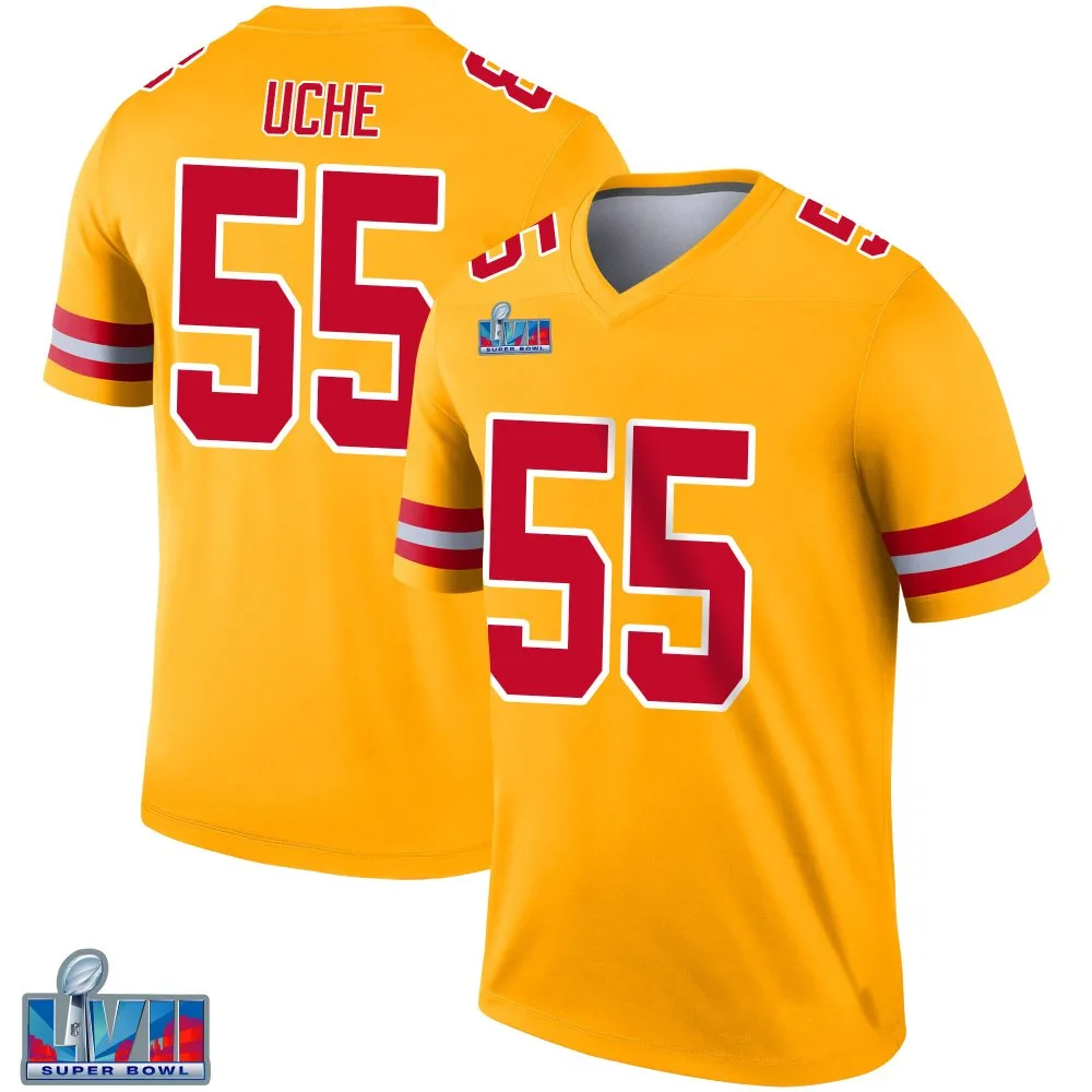 Men's Kansas City Chiefs Joshua Uche Nike Inverted Super Bowl LVII Patch Legend Gold Jersey Men's Kansas City Chiefs Joshua Uche Nike Inverted Super Bowl LVII Patch Legend Gold Jersey