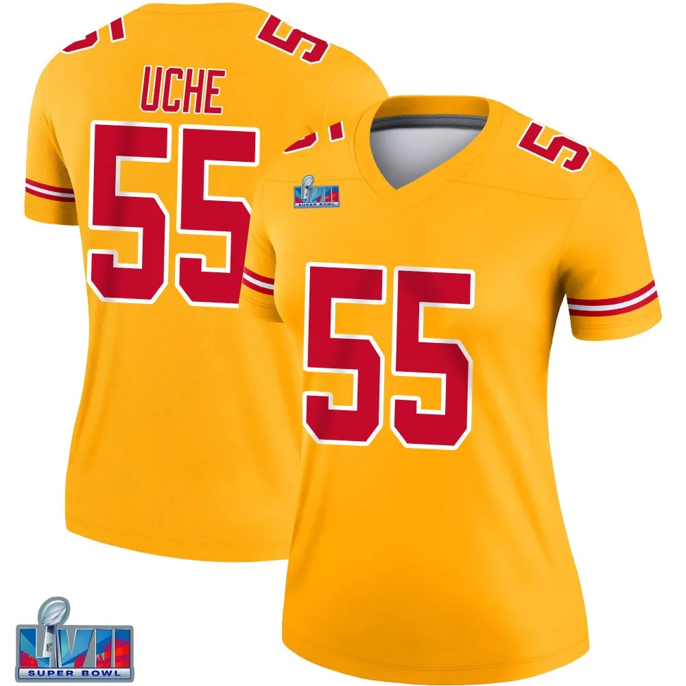 Women's Kansas City Chiefs Joshua Uche Nike Inverted Super Bowl LVII Patch Legend Gold Jersey Women's Kansas City Chiefs Joshua Uche Nike Inverted Super Bowl LVII Patch Legend Gold Jersey