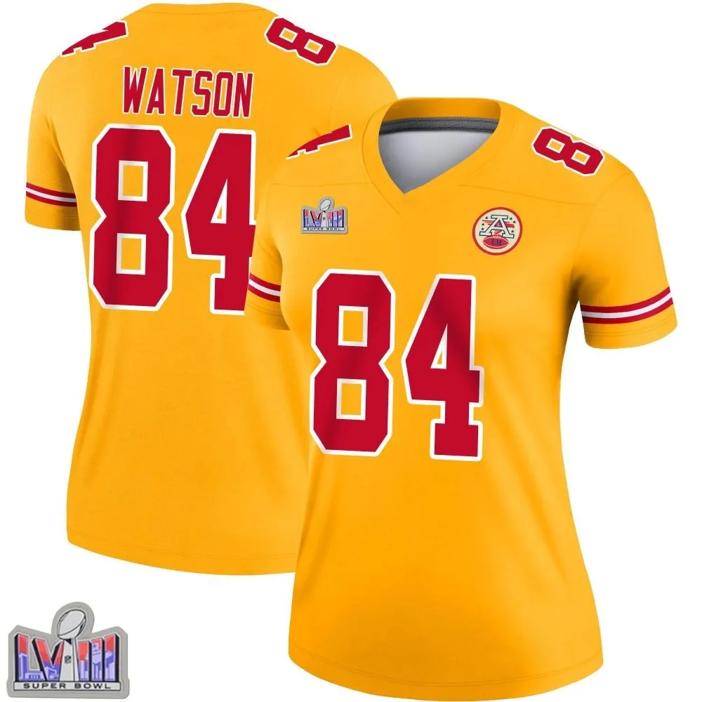 Women's Kansas City Chiefs Justin Watson Nike Inverted Super Bowl LVIII Patch Legend Gold Jersey Women's Kansas City Chiefs Justin Watson Nike Inverted Super Bowl LVIII Patch Legend Gold Jersey
