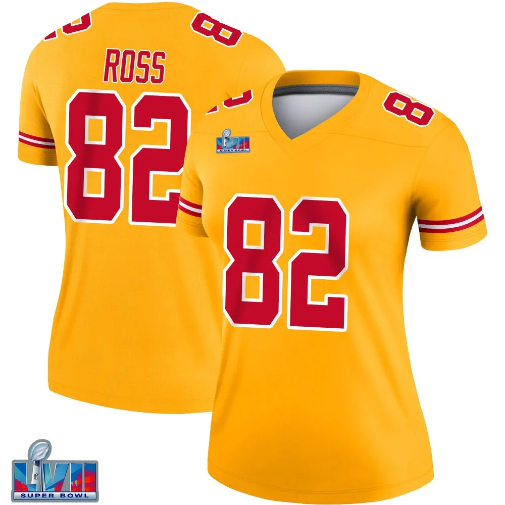 Women's Kansas City Chiefs Justyn Ross Nike Inverted Super Bowl LVII Patch Legend Gold Jersey Women's Kansas City Chiefs Justyn Ross Nike Inverted Super Bowl LVII Patch Legend Gold Jersey