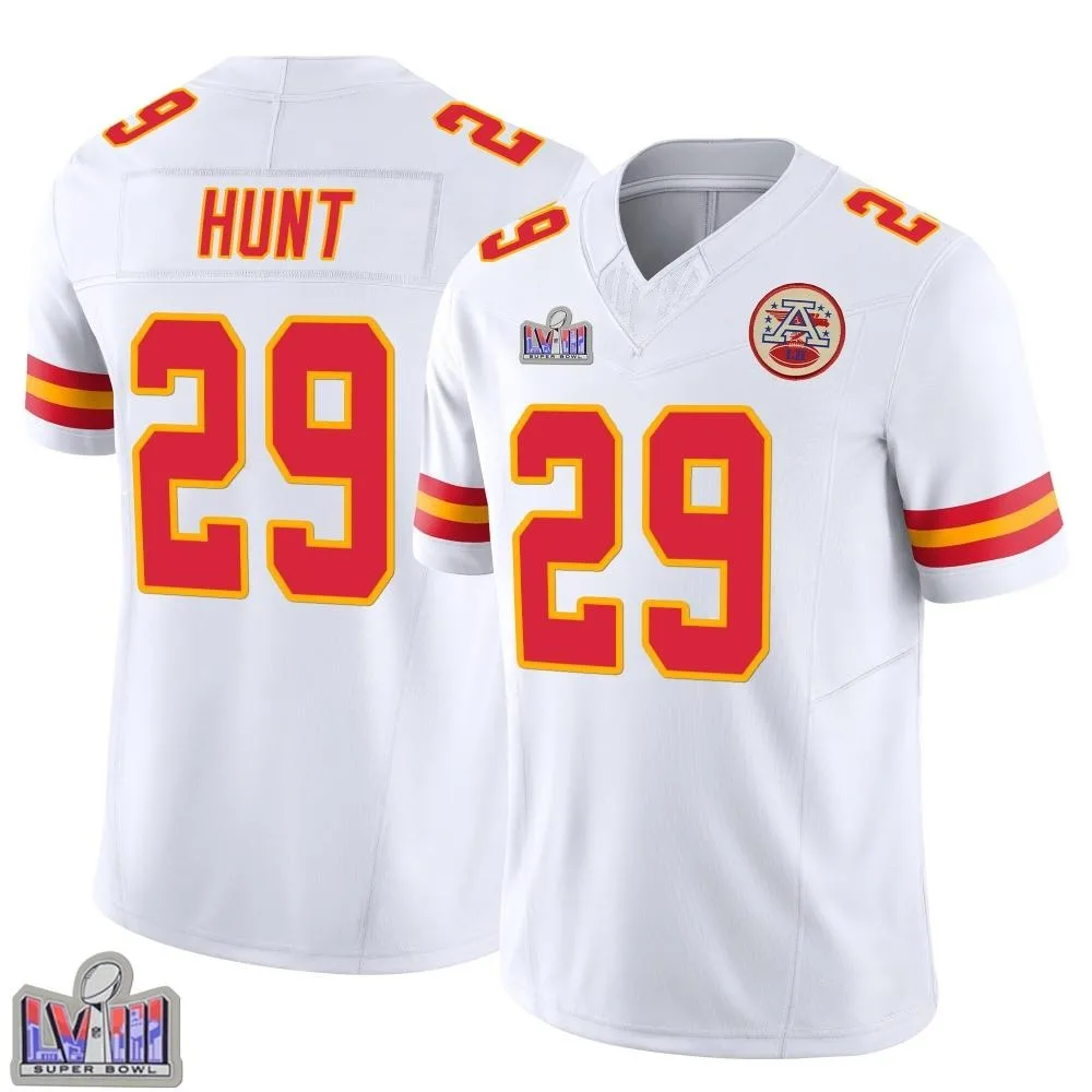 Men's Kansas City Chiefs Kareem Hunt Nike Vapor F.U.S.E. Super Bowl LVIII Patch Limited White Jersey Men's Kansas City Chiefs Kareem Hunt Nike Vapor F.U.S.E. Super Bowl LVIII Patch Limited White Jersey