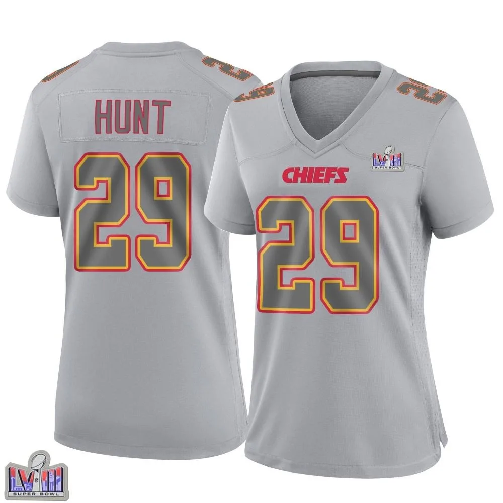 Women's Kansas City Chiefs Kareem Hunt Nike Atmosphere Fashion Super Bowl LVIII Patch Game Gray Jersey Women's Kansas City Chiefs Kareem Hunt Nike Atmosphere Fashion Super Bowl LVIII Patch Game Gray Jersey