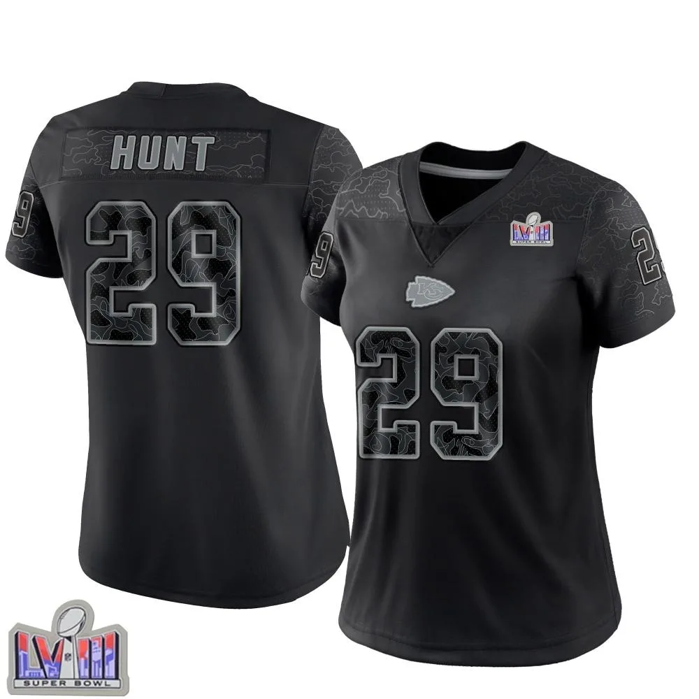 Women's Kansas City Chiefs Kareem Hunt Nike Reflective Super Bowl LVIII Patch Limited Black Jersey Women's Kansas City Chiefs Kareem Hunt Nike Reflective Super Bowl LVIII Patch Limited Black Jersey