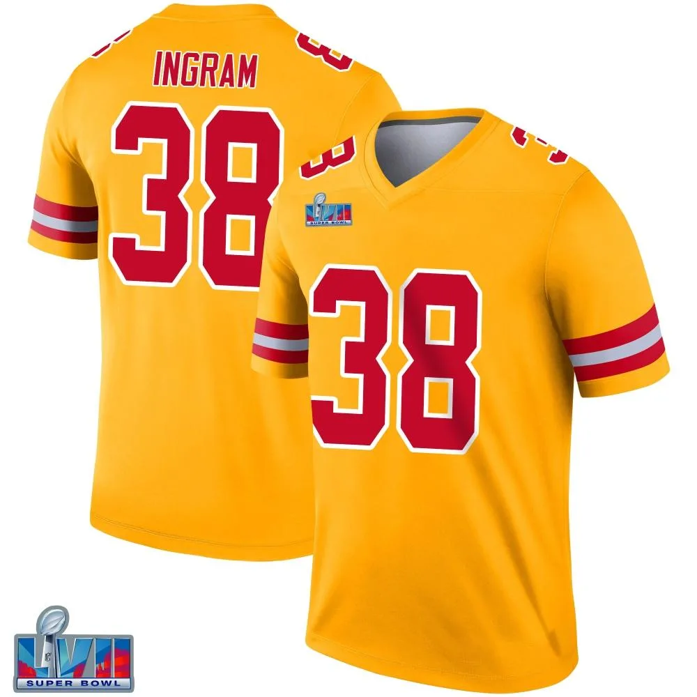 Men's Kansas City Chiefs Keaontay Ingram Nike Inverted Super Bowl LVII Patch Legend Gold Jersey Men's Kansas City Chiefs Keaontay Ingram Nike Inverted Super Bowl LVII Patch Legend Gold Jersey