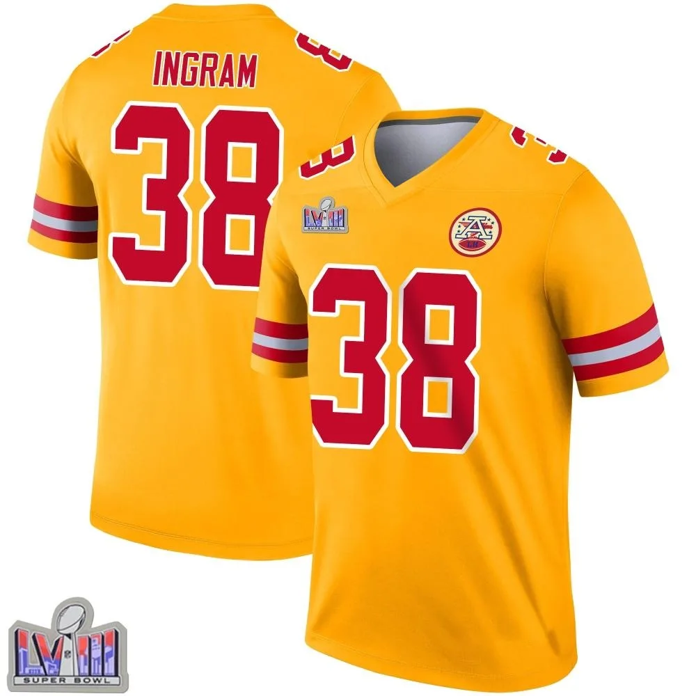Men's Kansas City Chiefs Keaontay Ingram Nike Inverted Super Bowl LVIII Patch Legend Gold Jersey Men's Kansas City Chiefs Keaontay Ingram Nike Inverted Super Bowl LVIII Patch Legend Gold Jersey