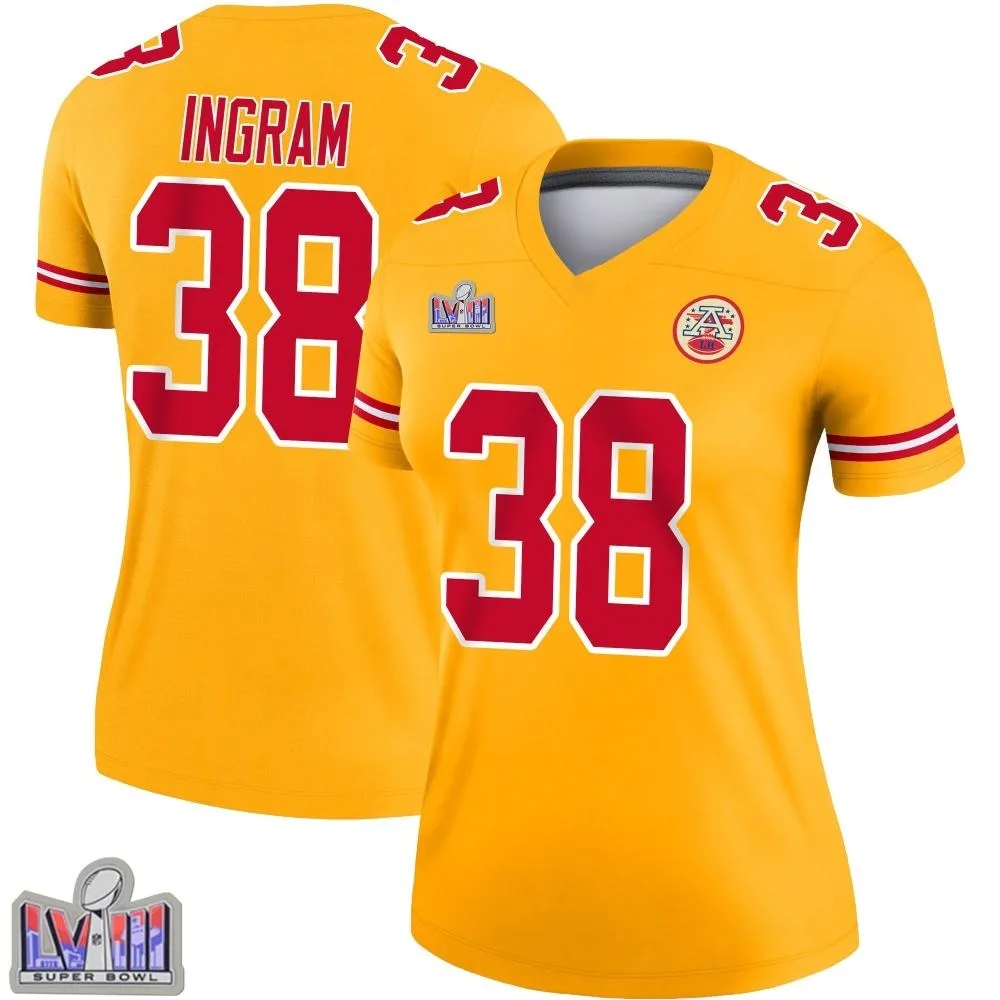 Women's Kansas City Chiefs Keaontay Ingram Nike Inverted Super Bowl LVIII Patch Legend Gold Jersey Women's Kansas City Chiefs Keaontay Ingram Nike Inverted Super Bowl LVIII Patch Legend Gold Jersey