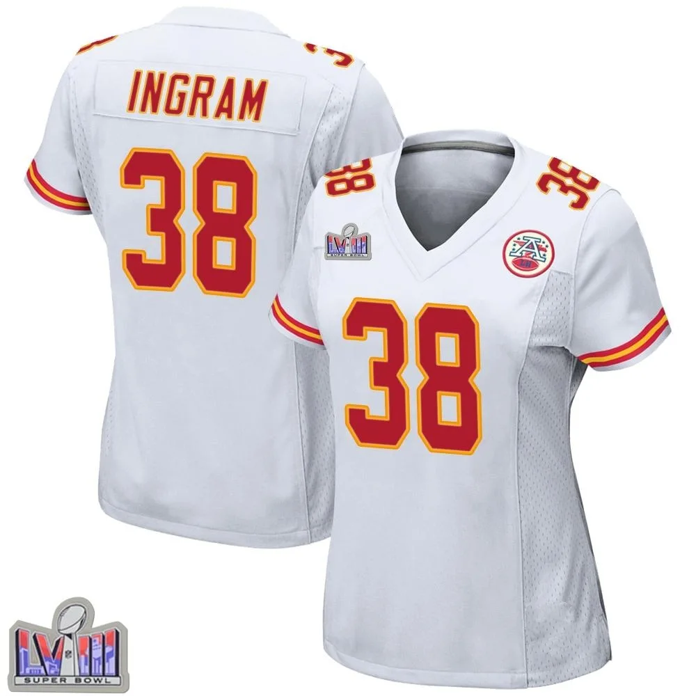 Women's Kansas City Chiefs Keaontay Ingram Nike Super Bowl LVIII Patch Game White Jersey Women's Kansas City Chiefs Keaontay Ingram Nike Super Bowl LVIII Patch Game White Jersey
