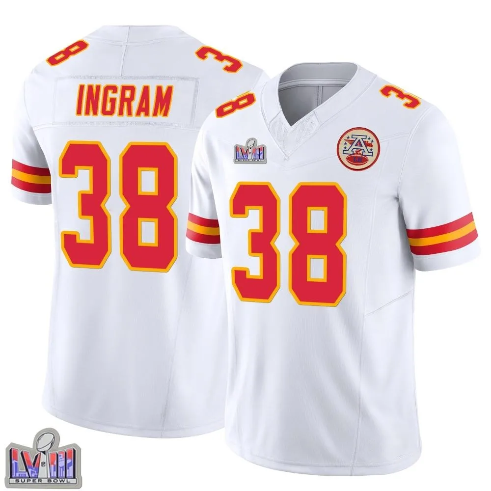 Youth Kansas City Chiefs Keaontay Ingram Nike Vapor F.U.S.E. Super Bowl LVIII Patch Limited White Jersey Youth Kansas City Chiefs Keaontay Ingram Nike Vapor F.U.S.E. Super Bowl LVIII Patch Limited White Jersey