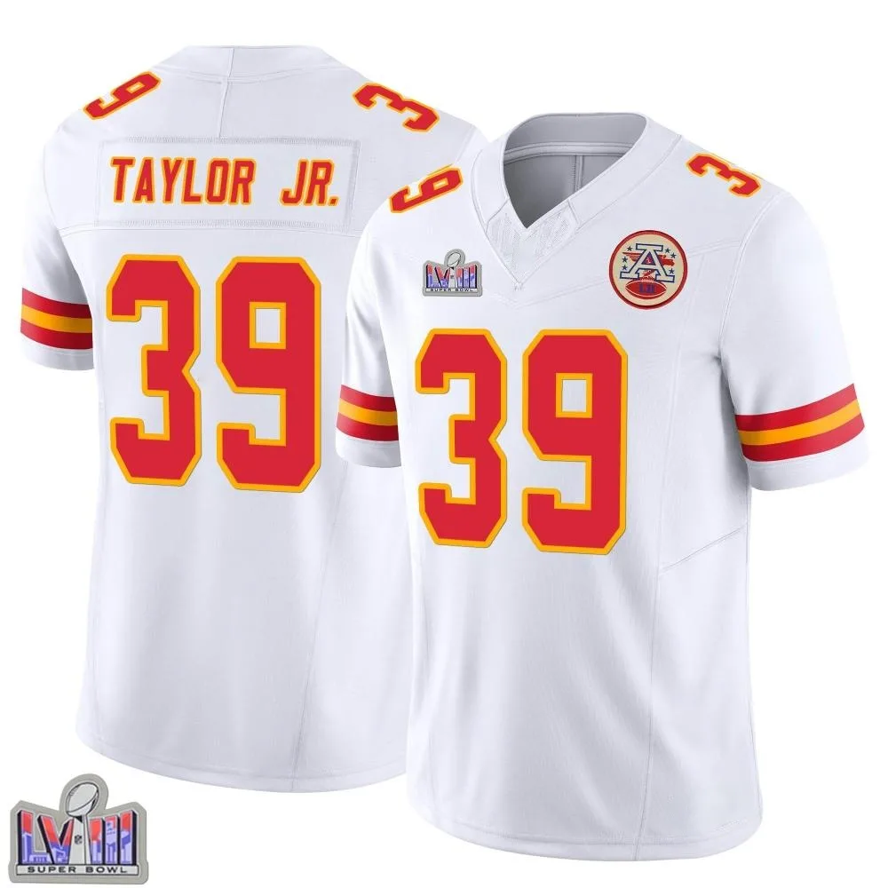 Men's Kansas City Chiefs Keith Taylor Jr. Nike Vapor F.U.S.E. Super Bowl LVIII Patch Limited White Jersey Men's Kansas City Chiefs Keith Taylor Jr. Nike Vapor F.U.S.E. Super Bowl LVIII Patch Limited White Jersey