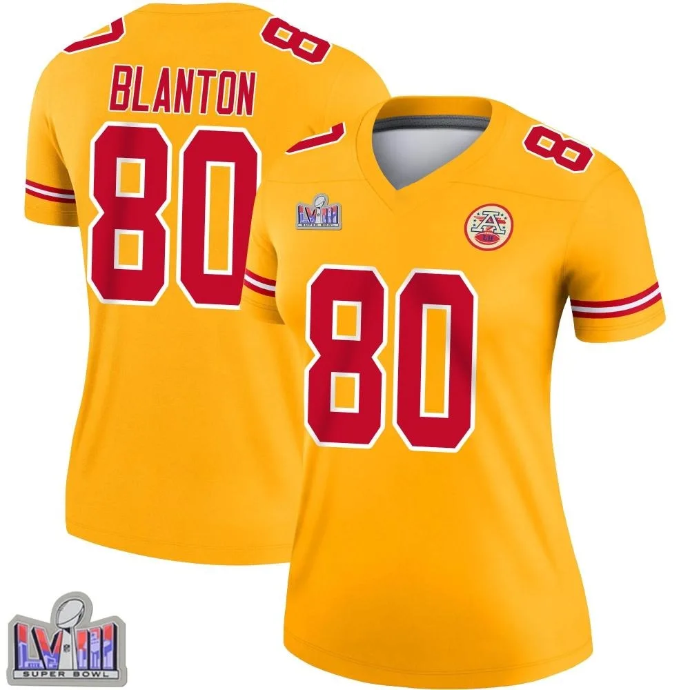 Women's Kansas City Chiefs Kendall Blanton Nike Inverted Super Bowl LVIII Patch Legend Gold Jersey Women's Kansas City Chiefs Kendall Blanton Nike Inverted Super Bowl LVIII Patch Legend Gold Jersey