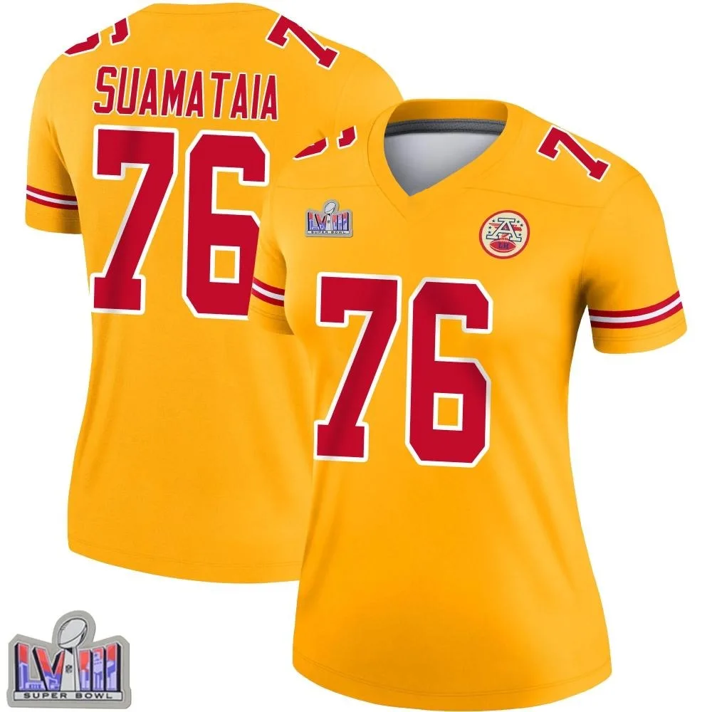 Women's Kansas City Chiefs Kingsley Suamataia Nike Inverted Super Bowl LVIII Patch Legend Gold Jersey Women's Kansas City Chiefs Kingsley Suamataia Nike Inverted Super Bowl LVIII Patch Legend Gold Jersey