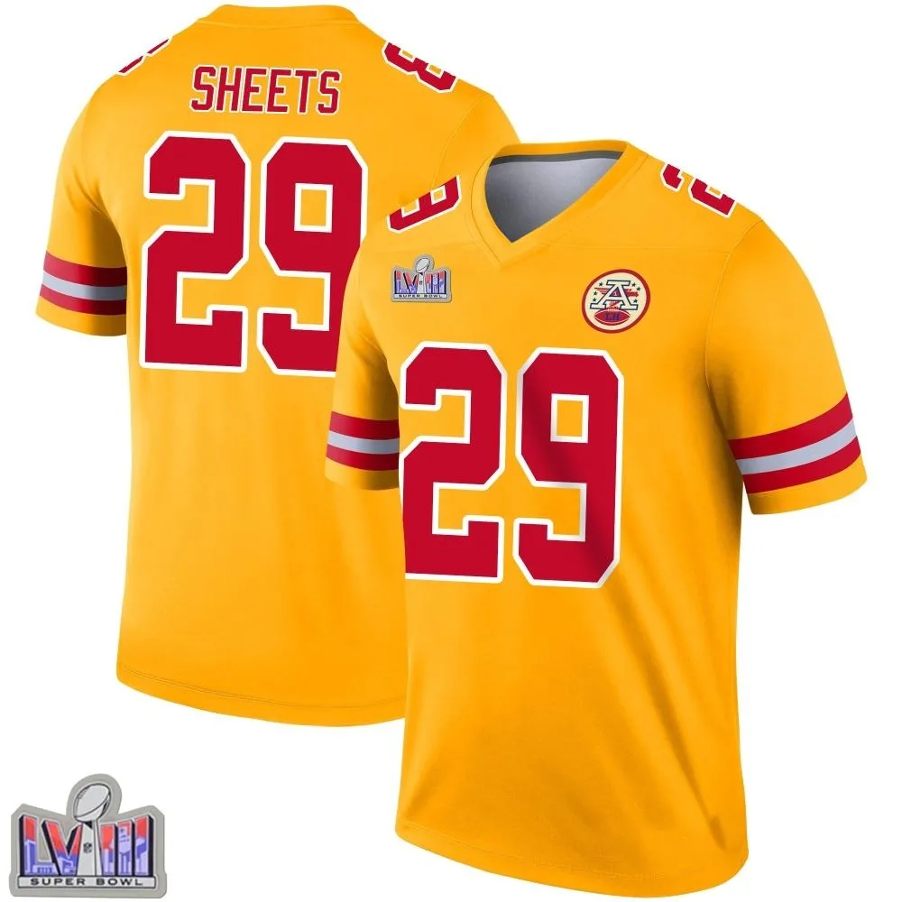 Men's Kansas City Chiefs Kyle Sheets Nike Inverted Super Bowl LVIII Patch Legend Gold Jersey Men's Kansas City Chiefs Kyle Sheets Nike Inverted Super Bowl LVIII Patch Legend Gold Jersey