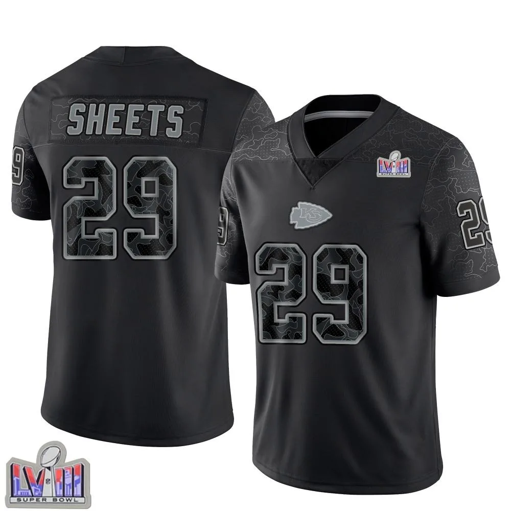 Men's Kansas City Chiefs Kyle Sheets Nike Reflective Super Bowl LVIII Patch Limited Black Jersey Men's Kansas City Chiefs Kyle Sheets Nike Reflective Super Bowl LVIII Patch Limited Black Jersey