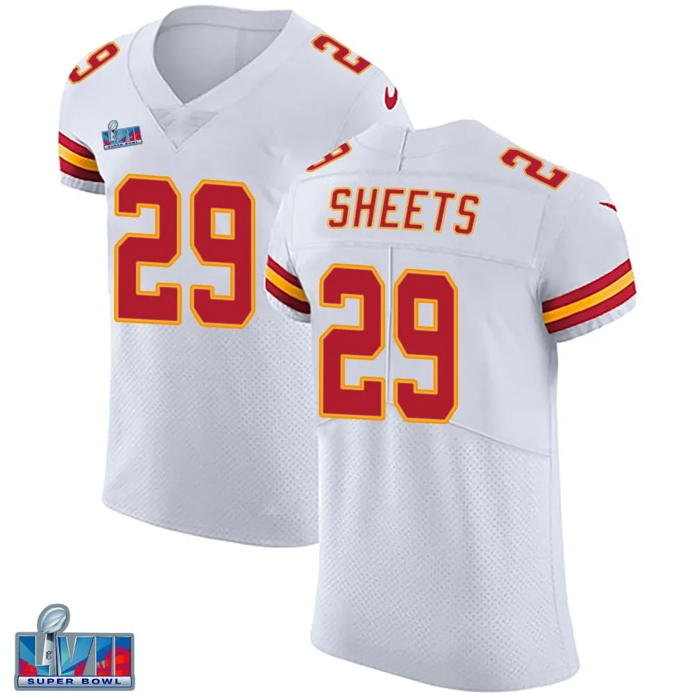 Men's Kansas City Chiefs Kyle Sheets Nike Vapor Untouchable Super Bowl LVII Patch Elite White Jersey Men's Kansas City Chiefs Kyle Sheets Nike Vapor Untouchable Super Bowl LVII Patch Elite White Jersey