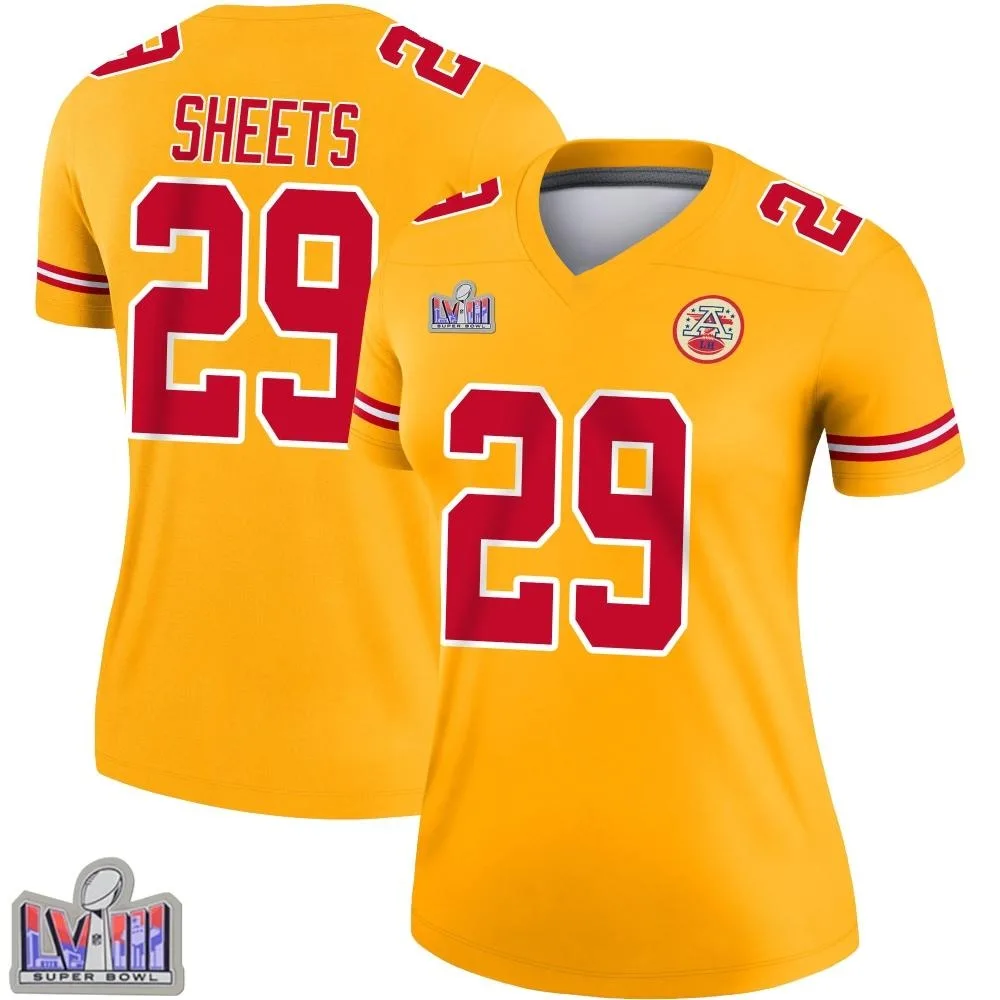 Women's Kansas City Chiefs Kyle Sheets Nike Inverted Super Bowl LVIII Patch Legend Gold Jersey Women's Kansas City Chiefs Kyle Sheets Nike Inverted Super Bowl LVIII Patch Legend Gold Jersey