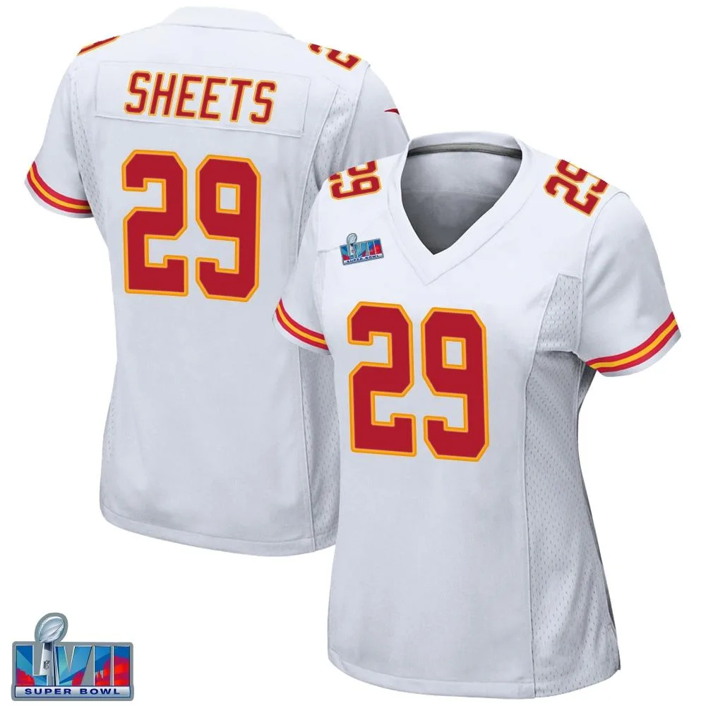 Women's Kansas City Chiefs Kyle Sheets Nike Super Bowl LVII Patch Game White Jersey Women's Kansas City Chiefs Kyle Sheets Nike Super Bowl LVII Patch Game White Jersey