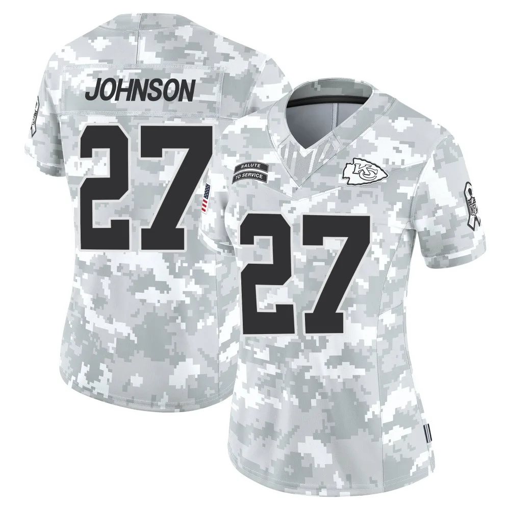 Women's Kansas City Chiefs Larry Johnson Nike 2024 Salute to Service Limited Arctic Camo Jersey Women's Kansas City Chiefs Larry Johnson Nike 2024 Salute to Service Limited Arctic Camo Jersey