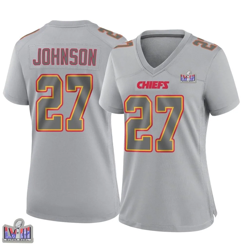 Women's Kansas City Chiefs Larry Johnson Nike Atmosphere Fashion Super Bowl LVIII Patch Game Gray Jersey Women's Kansas City Chiefs Larry Johnson Nike Atmosphere Fashion Super Bowl LVIII Patch Game Gray Jersey