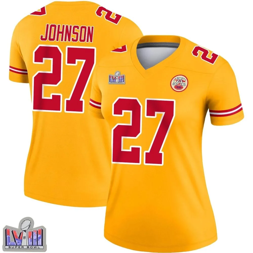 Women's Kansas City Chiefs Larry Johnson Nike Inverted Super Bowl LVIII Patch Legend Gold Jersey Women's Kansas City Chiefs Larry Johnson Nike Inverted Super Bowl LVIII Patch Legend Gold Jersey