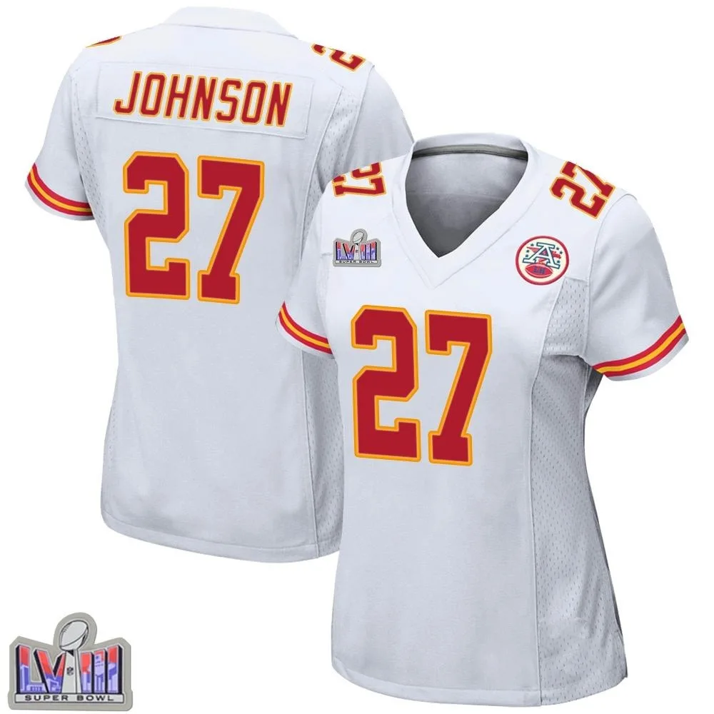Women's Kansas City Chiefs Larry Johnson Nike Super Bowl LVIII Patch Game White Jersey Women's Kansas City Chiefs Larry Johnson Nike Super Bowl LVIII Patch Game White Jersey