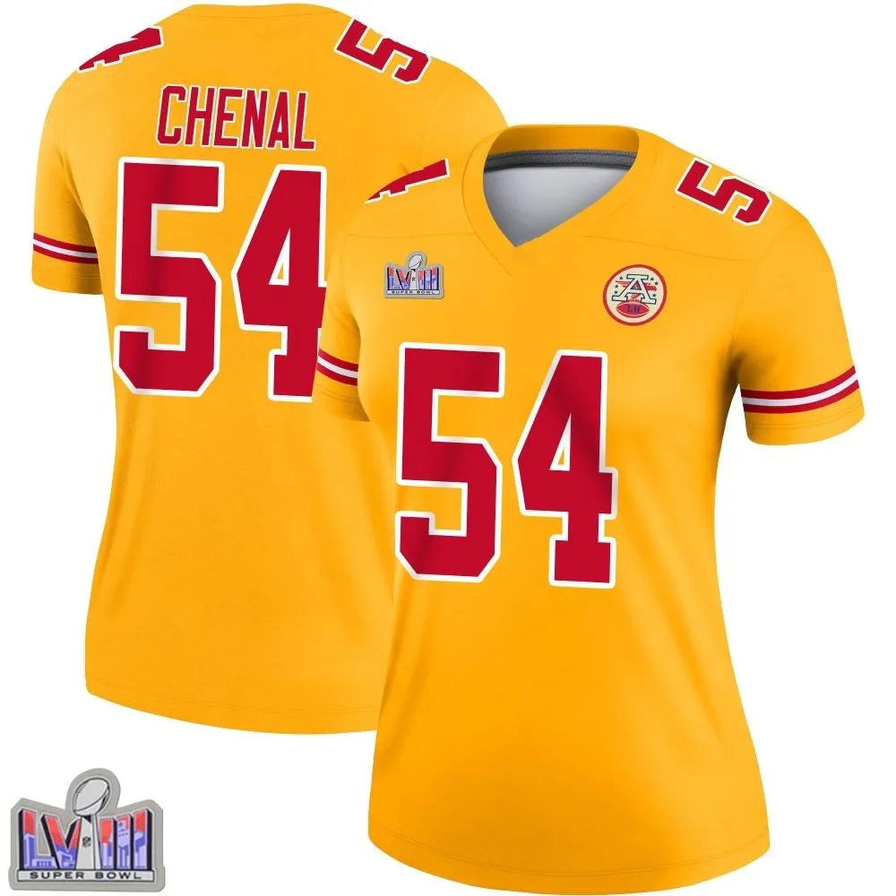 Women's Kansas City Chiefs Leo Chenal Nike Inverted Super Bowl LVIII Patch Legend Gold Jersey Women's Kansas City Chiefs Leo Chenal Nike Inverted Super Bowl LVIII Patch Legend Gold Jersey