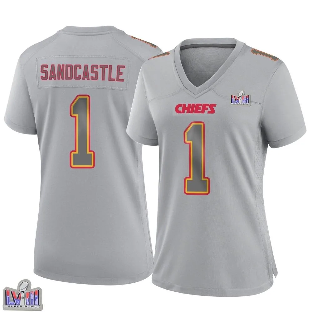 Women's Kansas City Chiefs Leon Sandcastle Nike Atmosphere Fashion Super Bowl LVIII Patch Game Gray Jersey Women's Kansas City Chiefs Leon Sandcastle Nike Atmosphere Fashion Super Bowl LVIII Patch Game Gray Jersey