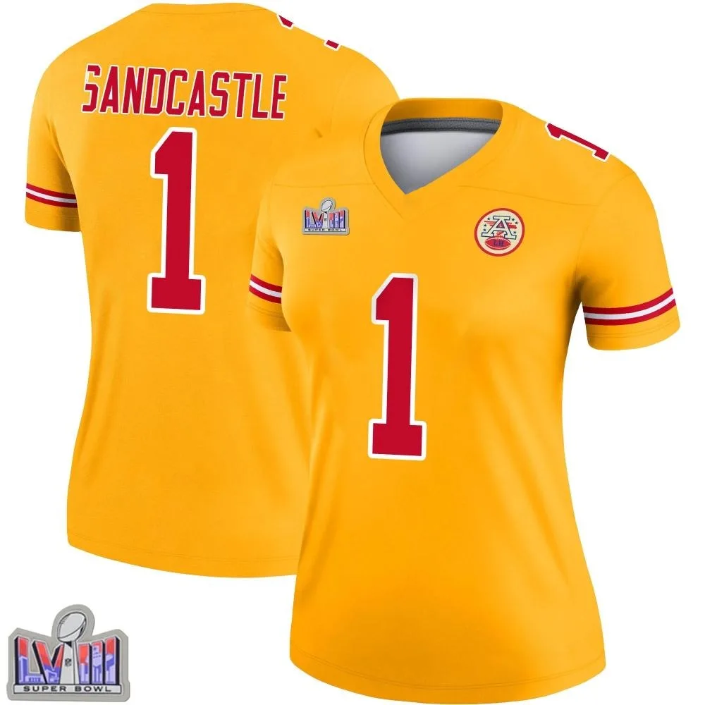 Women's Kansas City Chiefs Leon Sandcastle Nike Inverted Super Bowl LVIII Patch Legend Gold Jersey Women's Kansas City Chiefs Leon Sandcastle Nike Inverted Super Bowl LVIII Patch Legend Gold Jersey