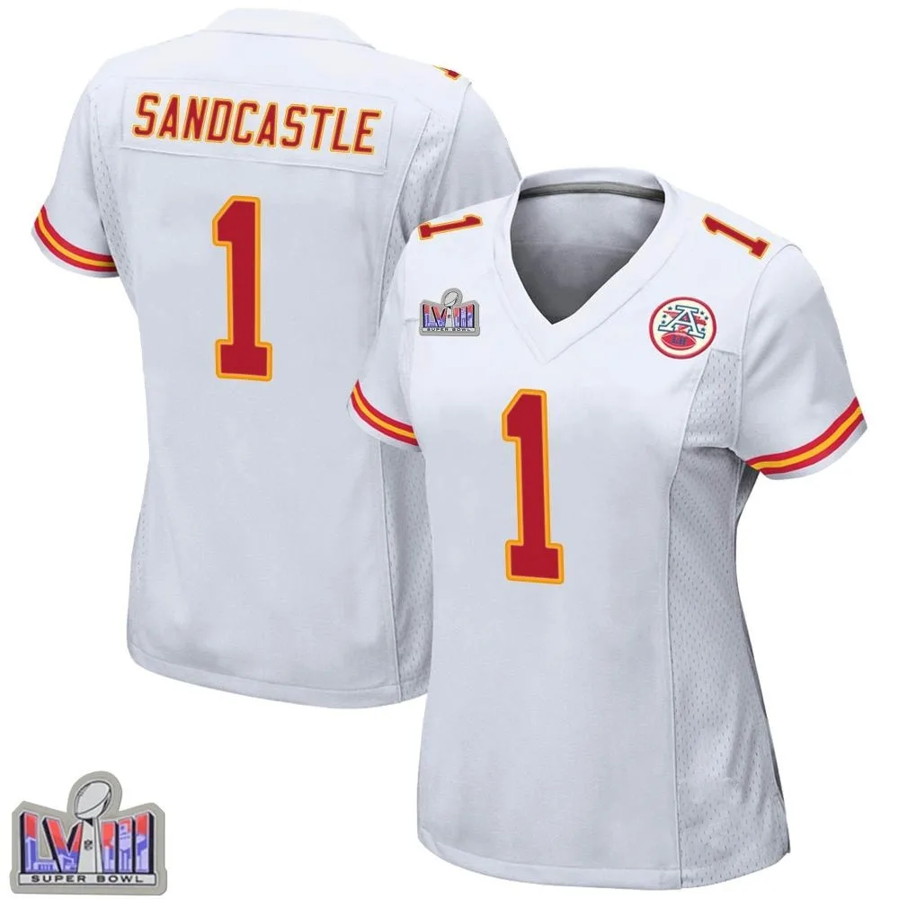 Women's Kansas City Chiefs Leon Sandcastle Nike Super Bowl LVIII Patch Game White Jersey Women's Kansas City Chiefs Leon Sandcastle Nike Super Bowl LVIII Patch Game White Jersey