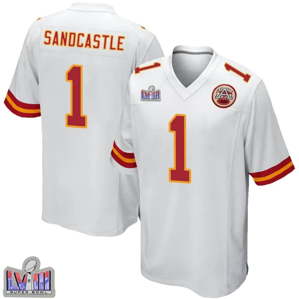 Youth Kansas City Chiefs Leon Sandcastle Nike Super Bowl LVIII Patch Game White Jersey Youth Kansas City Chiefs Leon Sandcastle Nike Super Bowl LVIII Patch Game White Jersey