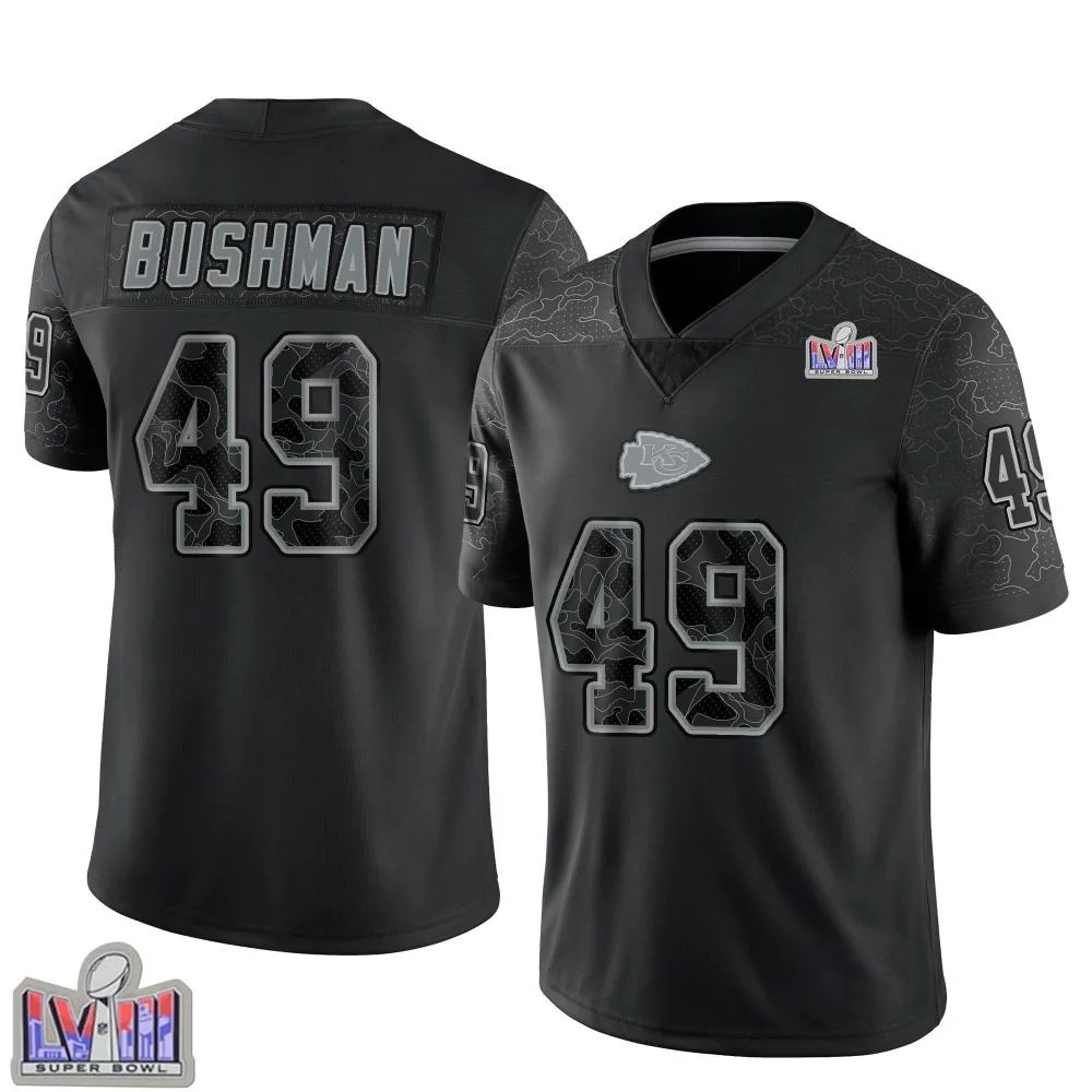 Men's Kansas City Chiefs Matt Bushman Nike Reflective Super Bowl LVIII Patch Limited Black Jersey Men's Kansas City Chiefs Matt Bushman Nike Reflective Super Bowl LVIII Patch Limited Black Jersey