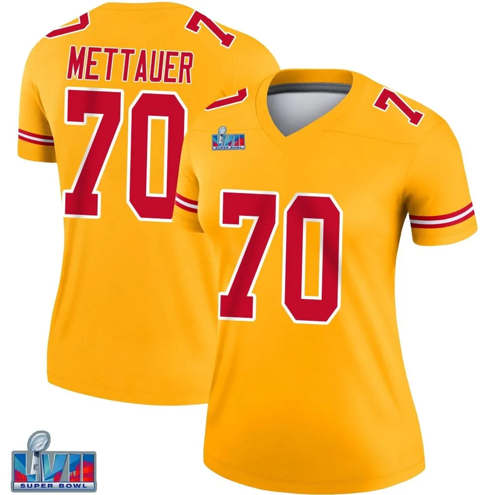 Women's Kansas City Chiefs Mckade Mettauer Nike Inverted Super Bowl LVII Patch Legend Gold Jersey Women's Kansas City Chiefs Mckade Mettauer Nike Inverted Super Bowl LVII Patch Legend Gold Jersey