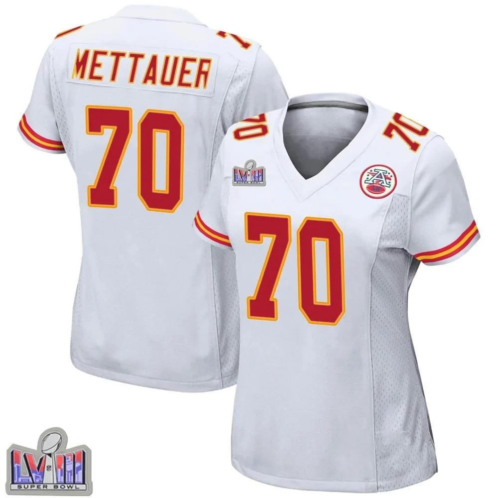 Women's Kansas City Chiefs Mckade Mettauer Nike Super Bowl LVIII Patch Game White Jersey Women's Kansas City Chiefs Mckade Mettauer Nike Super Bowl LVIII Patch Game White Jersey