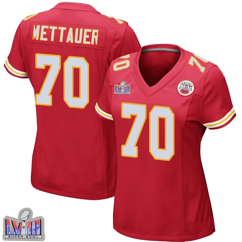 Women's Kansas City Chiefs Mckade Mettauer Nike Team Color Super Bowl LVIII Patch Game Red Jersey Women's Kansas City Chiefs Mckade Mettauer Nike Team Color Super Bowl LVIII Patch Game Red Jersey