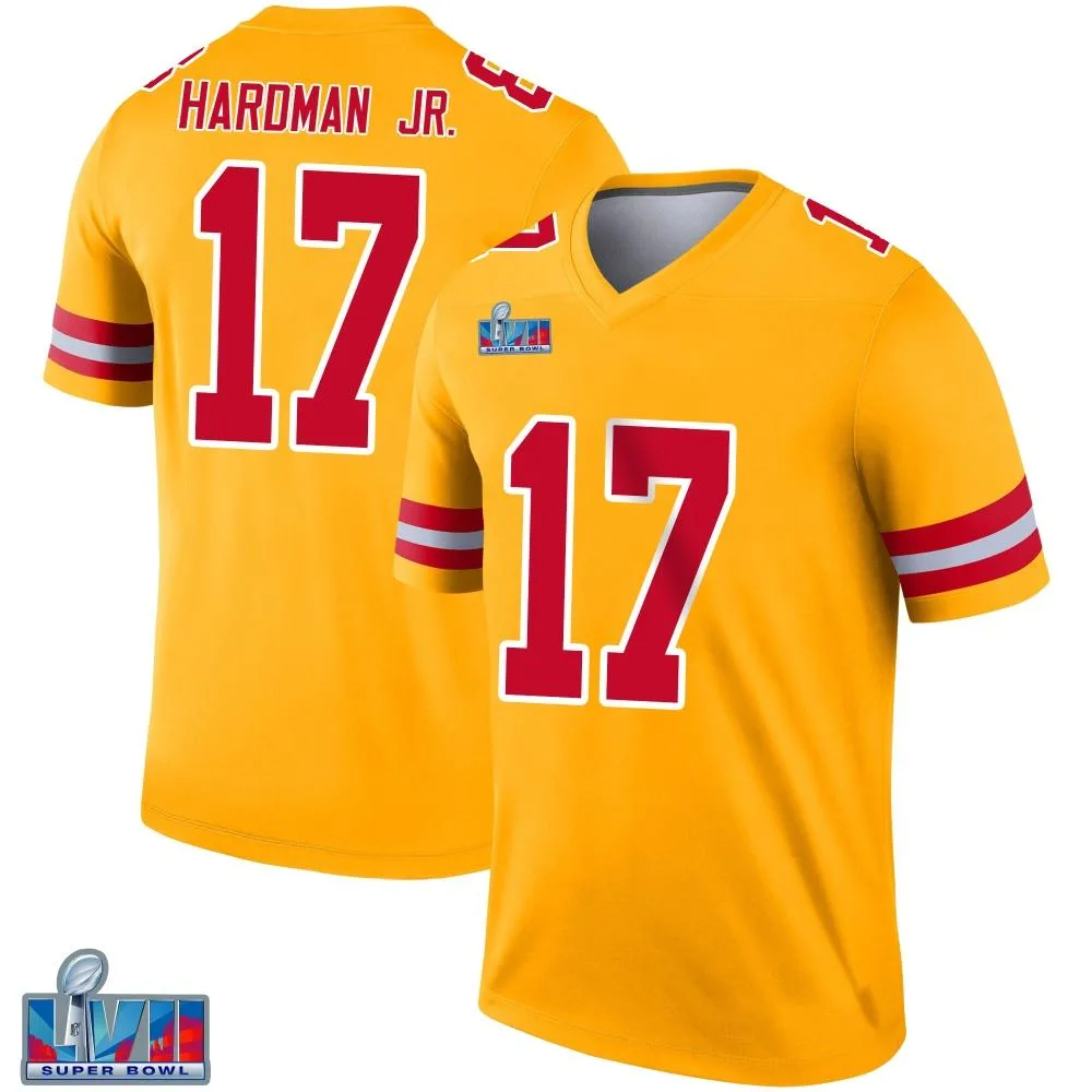 Men's Kansas City Chiefs Mecole Hardman Nike Inverted Super Bowl LVII Patch Legend Gold Jersey Men's Kansas City Chiefs Mecole Hardman Nike Inverted Super Bowl LVII Patch Legend Gold Jersey