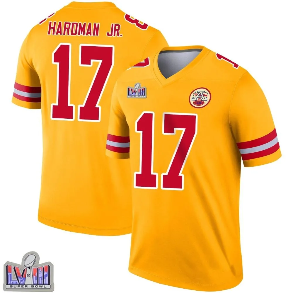 Men's Kansas City Chiefs Mecole Hardman Nike Inverted Super Bowl LVIII Patch Legend Gold Jersey Men's Kansas City Chiefs Mecole Hardman Nike Inverted Super Bowl LVIII Patch Legend Gold Jersey