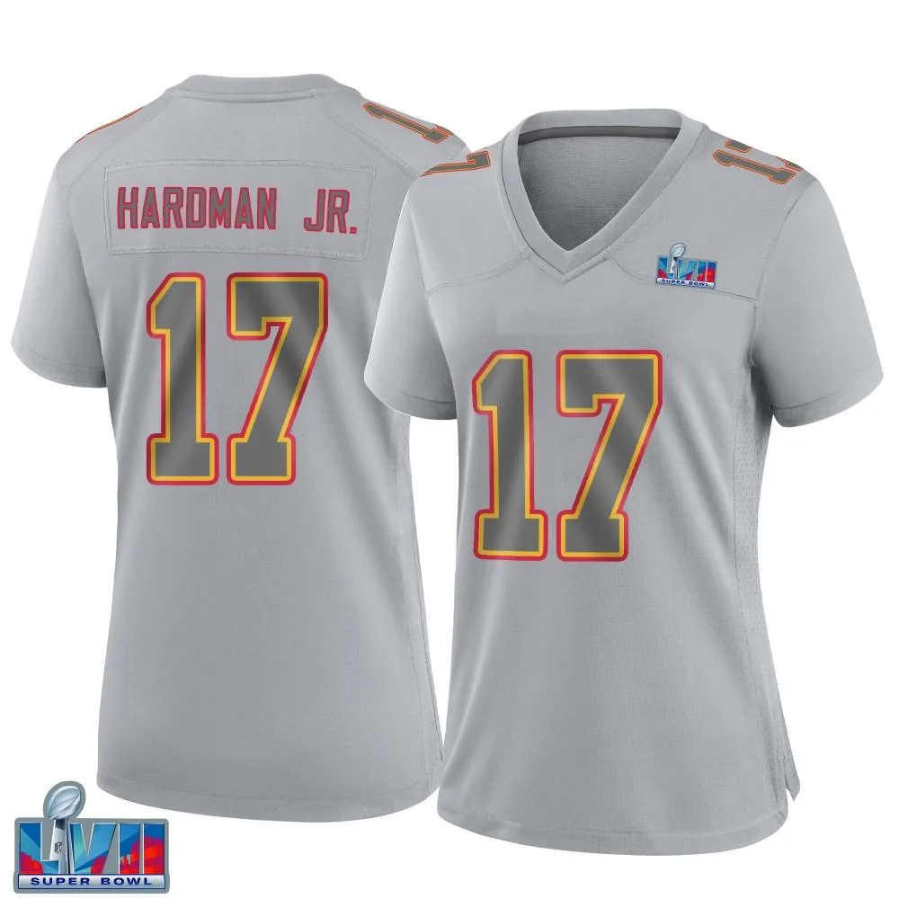 Women's Kansas City Chiefs Mecole Hardman Nike Atmosphere Fashion Super Bowl LVII Patch Game Gray Jersey Women's Kansas City Chiefs Mecole Hardman Nike Atmosphere Fashion Super Bowl LVII Patch Game Gray Jersey