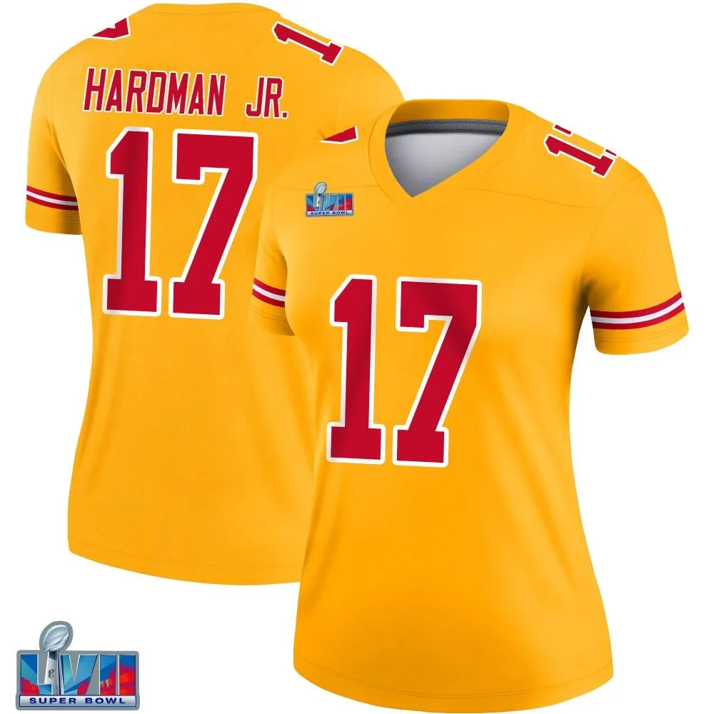 Women's Kansas City Chiefs Mecole Hardman Nike Inverted Super Bowl LVII Patch Legend Gold Jersey Women's Kansas City Chiefs Mecole Hardman Nike Inverted Super Bowl LVII Patch Legend Gold Jersey