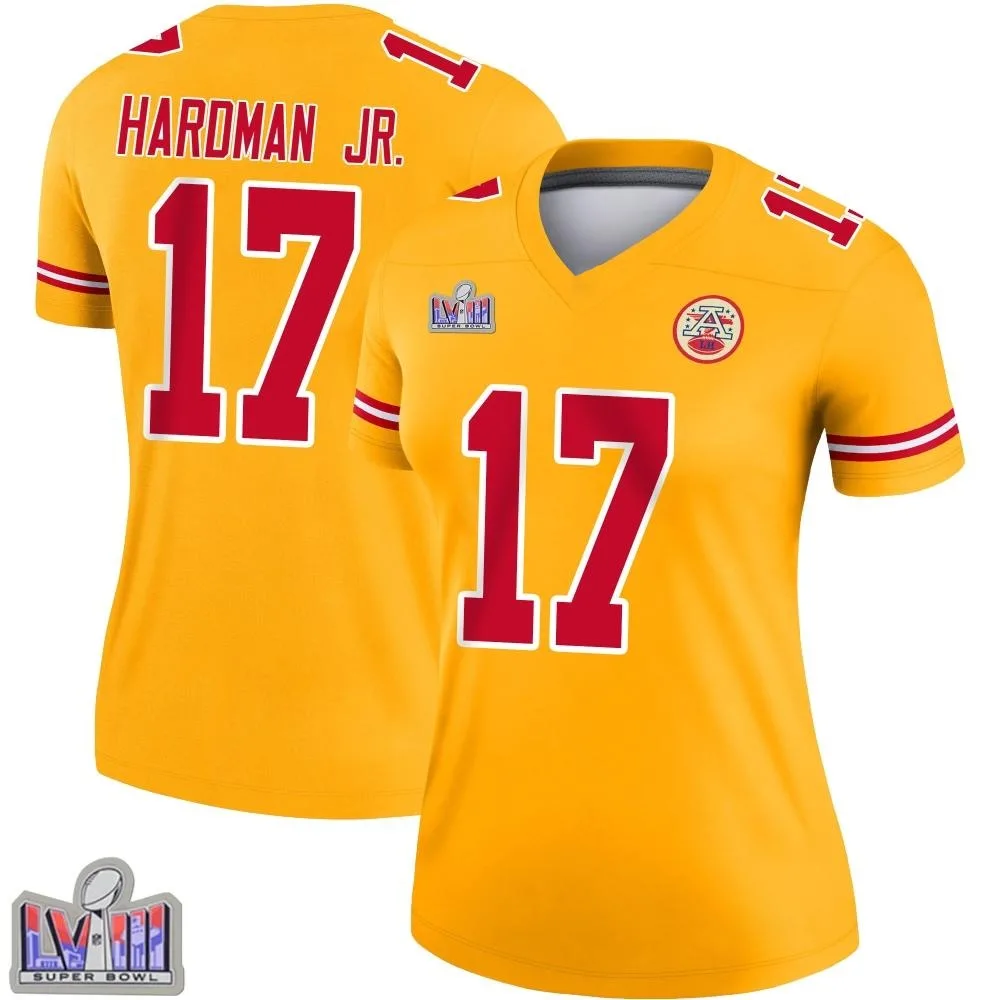 Women's Kansas City Chiefs Mecole Hardman Nike Inverted Super Bowl LVIII Patch Legend Gold Jersey Women's Kansas City Chiefs Mecole Hardman Nike Inverted Super Bowl LVIII Patch Legend Gold Jersey