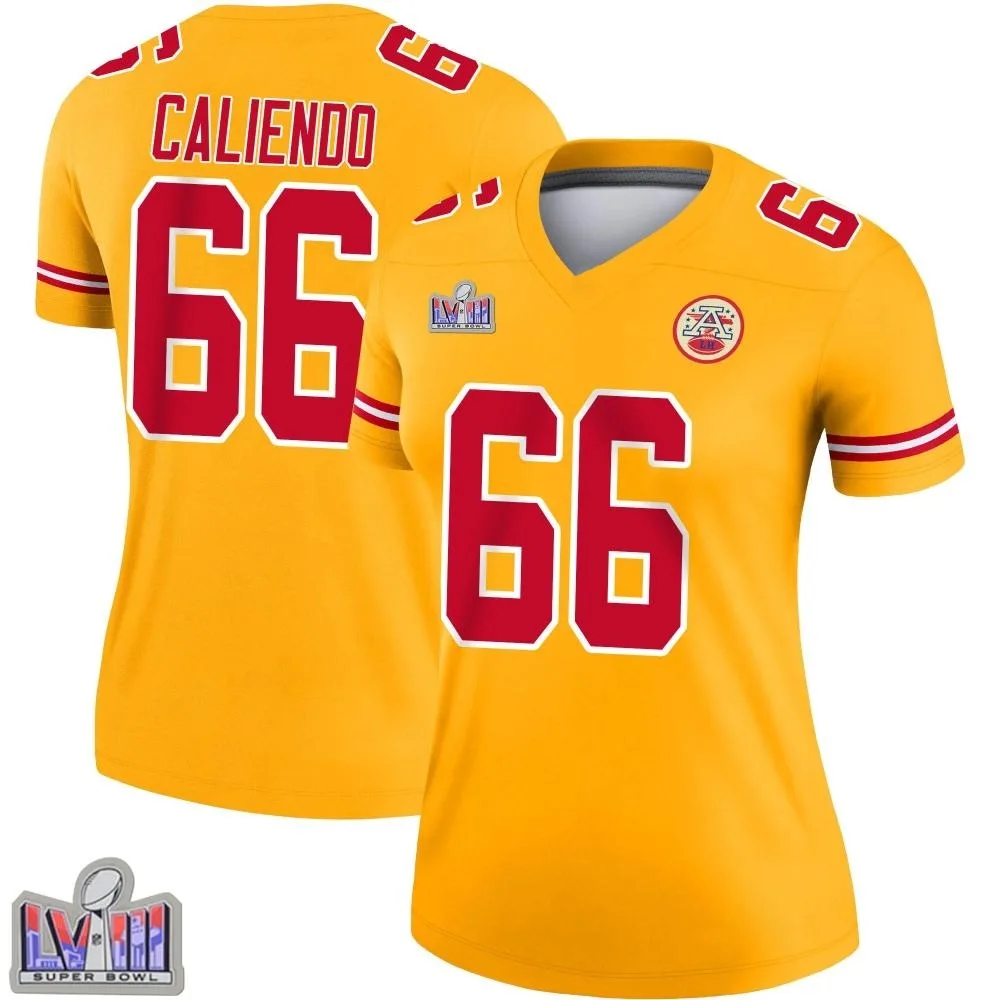 Women's Kansas City Chiefs Mike Caliendo Nike Inverted Super Bowl LVIII Patch Legend Gold Jersey Women's Kansas City Chiefs Mike Caliendo Nike Inverted Super Bowl LVIII Patch Legend Gold Jersey