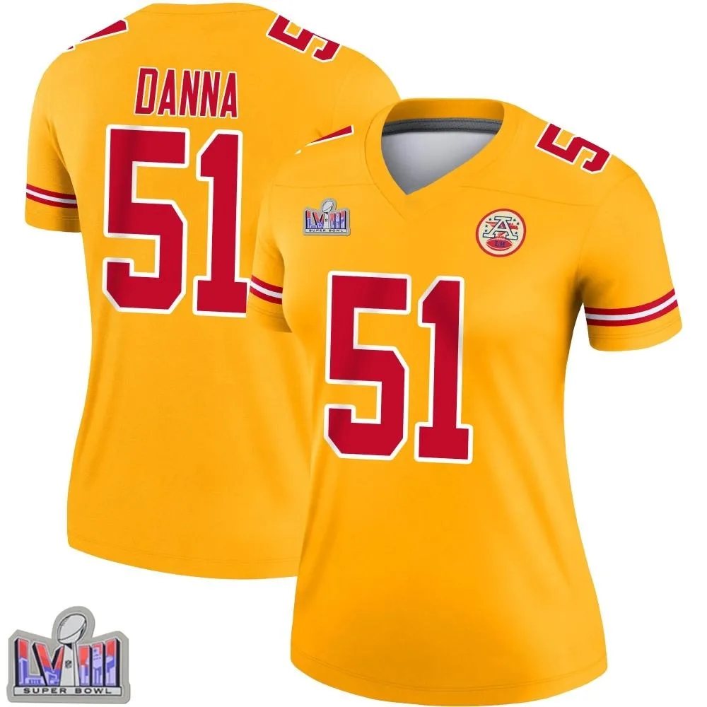 Women's Kansas City Chiefs Mike Danna Nike Inverted Super Bowl LVIII Patch Legend Gold Jersey Women's Kansas City Chiefs Mike Danna Nike Inverted Super Bowl LVIII Patch Legend Gold Jersey